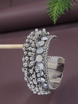 I Jewels - Navratri Silver Oxidised Afghani Ghungroo and Mirror Work Adjustable Cuff Kada (Adb518Ox)