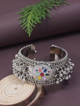 I Jewels - Navratri Silver Oxidised Afghani Ghungroo with Colorful Adjustable Cuff Kada (Adb520Ox)
