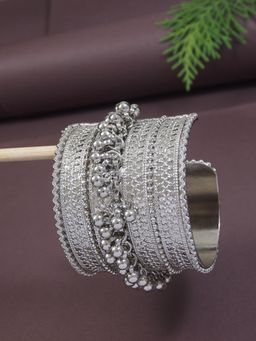 I Jewels - Navratri Ethnic Silver Oxidised Afghani Ghungroo Adjustable Cuff Kada Bracelet (Adb521Ox)