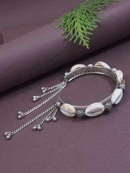 I Jewels - Navratri Silver Oxidised Afghani Boho Shell Ghungroo Adjustable Cuff Kada (Adb522Ox)