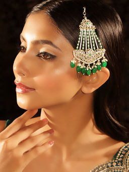 Priyaasi - Green White Elegance Floral Pattern Side Tika Pearl Gold Plated Pass