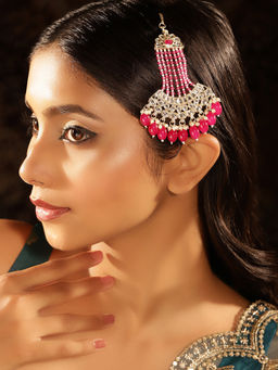 Priyaasi - Pink Beads Kundan Elegance Floral Pattern Gold Plated Passa Side Tika