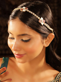 Priyaasi - Floral Kundan Maroon White Meenakari Design Gold Plated Elegant Matha Patti