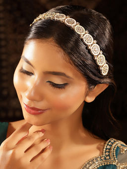 Priyaasi - Peach White Geometric Design Kundan Elegance Gold Plated Matha Patti