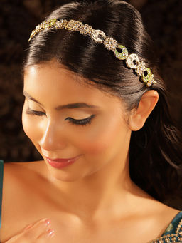 Priyaasi - Floral Mini Chands White Green Elegance Kundan Gold Plated Matha Patti