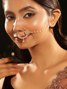 Priyaasi - Simple Floral Kundan Pearl Chain Gold Plated Nath/Nosepin/Nose Ring