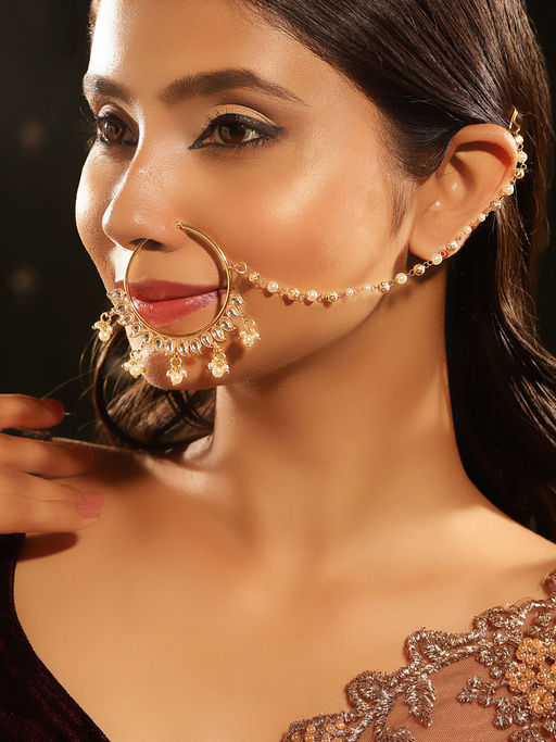 Priyaasi Gold White Balls Sequence Mini Pearl Elegance Gold Plated Nose Ring/ Nose Pin/ Nath