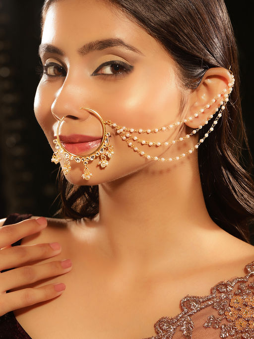 Priyaasi Elegance Ethnic Design with Pearl Beads Layered Gold Plated Chain Nath/Nosepin/Nose Ring