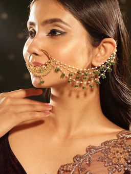 Priyaasi - Gold Plated Peacock Design Pearl Green Beads Nose Pin/ Nose Ring/ Nath