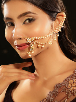 Priyaasi - Pearl Kundan Gold Plated Floral Bridal Elegance Nath/Nosepin with Chain
