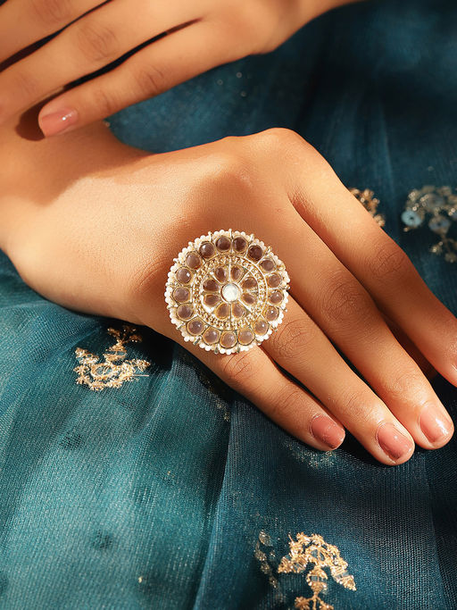 Priyaasi Ash Stones Pearl Elegance Elegant Gold Plated Adjustable Ring