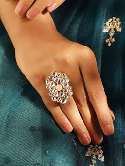 Priyaasi - Peach Stone Kundan Floral Elegance Gold Plated Adjustable Ring