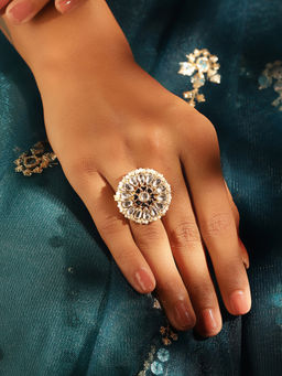 Priyaasi - Black Hearts Design Kundan Pearl Sequence Ethnic Gold Plated Adjustable Ring