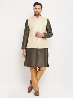 Vastramay - Men Black Cream And Rose Gold Silk Blend Jacket Kurta and Pyjama (Set of 3)