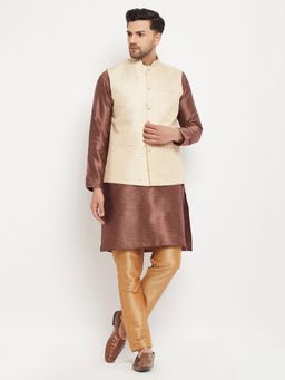 Vastramay - Men Cream, Maroon And Rose Gold Silk Blend Jacket, Kurta and Pyjama (Set of 3)