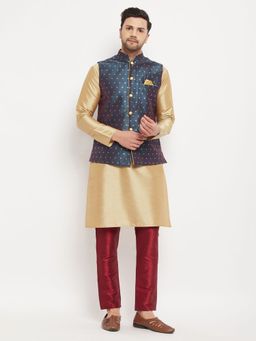 Vastramay - Men Blue And Rose Gold Silk Blend Jacket, Kurta and Pyjama (Set of 3)