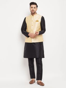 Vastramay - Men Black And Gold Silk Blend Jacket, Kurta and Pyjama (Set of 3)