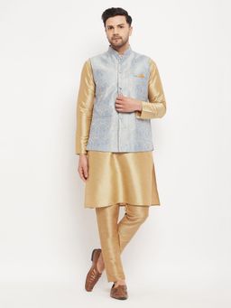 Vastramay - Men Grey And Rose Gold Silk Blend Jacket Kurta and Pyjama (Set of 3)