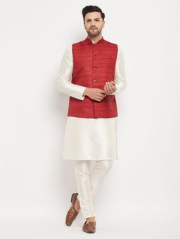 Vastramay - Men Cream And Maroon Silk Blend Jacket, Kurta and Pyjama (Set of 3)