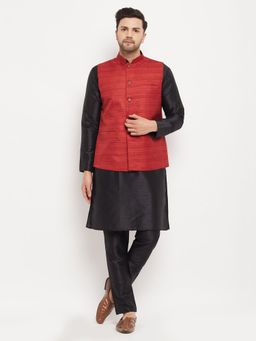 Vastramay - Men Black And MAroon Silk Blend Jacket Kurta and Pyjama (Set of 3)