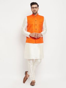 Vastramay - Men Orange And Cream Silk Blend Jacket, Kurta and Pyjama (Set of 3)
