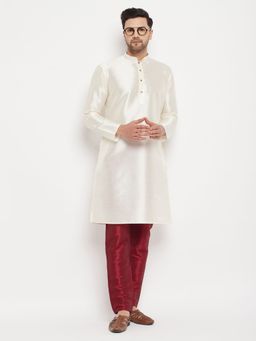 Vastramay - Men Cream And Maroon Silk Blend Kurta Pyjama (Set of 2)