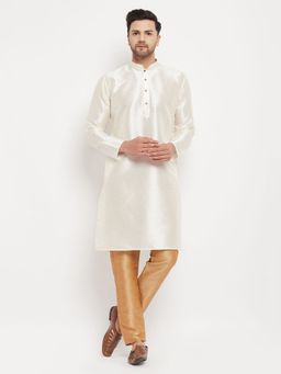 Vastramay - Men Cream And Rose Gold Silk Blend Kurta Pyjama (Set of 2)