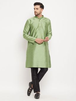 Vastramay - Men Mint Green And Black Silk Blend Kurta Pyjama (Set of 2)