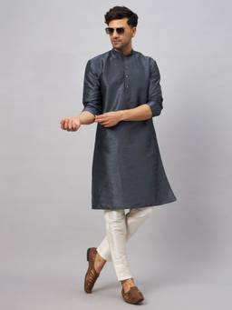 Vastramay - Men Steel And Cream Silk Blend Kurta Pyjama (Set of 2)