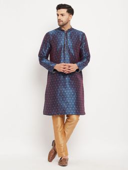 Vastramay - Men Blue And Rose Gold Silk Blend Kurta Pyjama (Set of 2)