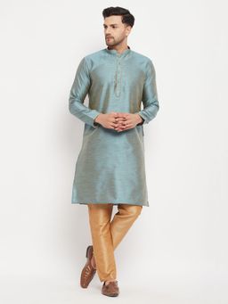 Vastramay - Men Aqua And Rose Gold Silk Blend Kurta Pyjama (Set of 2)