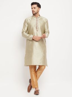 Vastramay - Men Beige And Rose Gold Silk Blend Kurta Pyjama (Set of 2)
