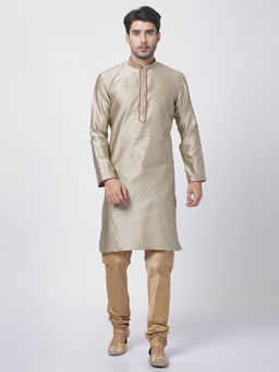 Vastramay - Men Beige Silk Blend Kurta Pyjama (Set of 2)