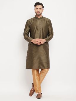 Vastramay - Men Brown And Rose Gold Silk Blend Kurta Pyjama (Set of 2)