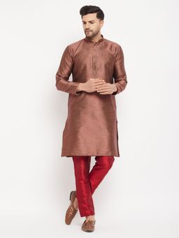Vastramay - Men Maroon Silk Blend Kurta Pyjama (Set of 2)