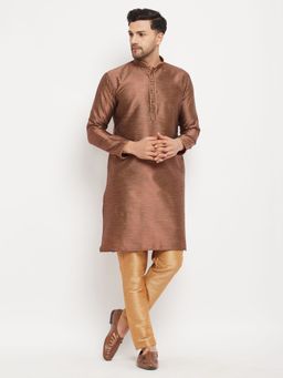 Vastramay - Men Maroon And Rose Gold Silk Blend Kurta Pyjama (Set of 2)