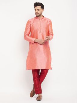 Vastramay - Men Pink And Maroon Silk Blend Kurta Pyjama (Set of 2)