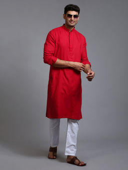 Vastramay - Men Maroon And White Cotton Blend Kurta Pyjama (Set of 2)