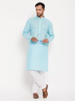 Vastramay - Men Aqua And White Cotton Kurta Pyjama (Set of 2)