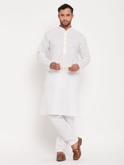 Vastramay - Men Cream And White Cotton Kurta Pyjama (Set of 2)
