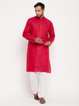 Vastramay - Men Maroon And White Cotton Kurta Pyjama (Set of 2)