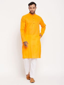 Vastramay - Men Orange And White Cotton Kurta Pyjama (Set of 2)