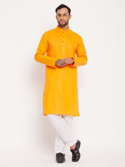 Vastramay - Men Orange And White Cotton Kurta Pyjama (Set of 2)
