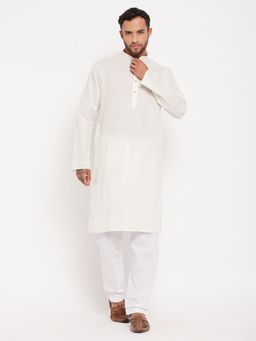 Vastramay - Men Cream And White Cotton Kurta Pyjama (Set of 2)