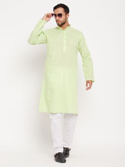 Vastramay - Men Green And White Cotton Kurta Pyjama (Set of 2)
