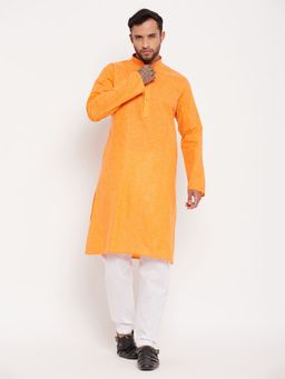Vastramay - Men Orange And White Cotton Kurta Pyjama (Set of 2)