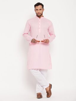 Vastramay - Men Pink And White Cotton Kurta Pyjama (Set of 2)
