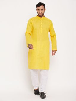 Vastramay - Men Yellow And White Cotton Kurta Pyjama (Set of 2)