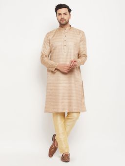 Vastramay - Men Beige And Gold Silk Blend Kurta Pyjama (Set of 2)