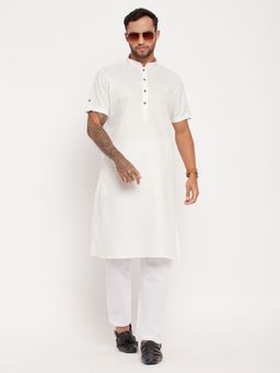 Vastramay - Men Cream And White Cotton Kurta Pyjama (Set of 2)